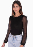 Buzo con mangas en chifón con apliques de perlas color negro para mujer - Flashy