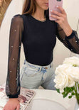 Buzo con mangas en chifón con apliques de perlas color negro para mujer - Flashy