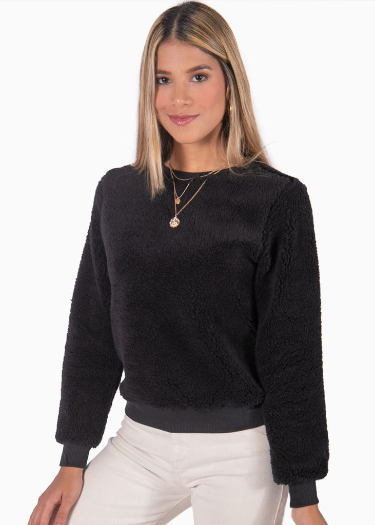 Buzo con pelo sintético manga larga color negro para mujer - Flashy