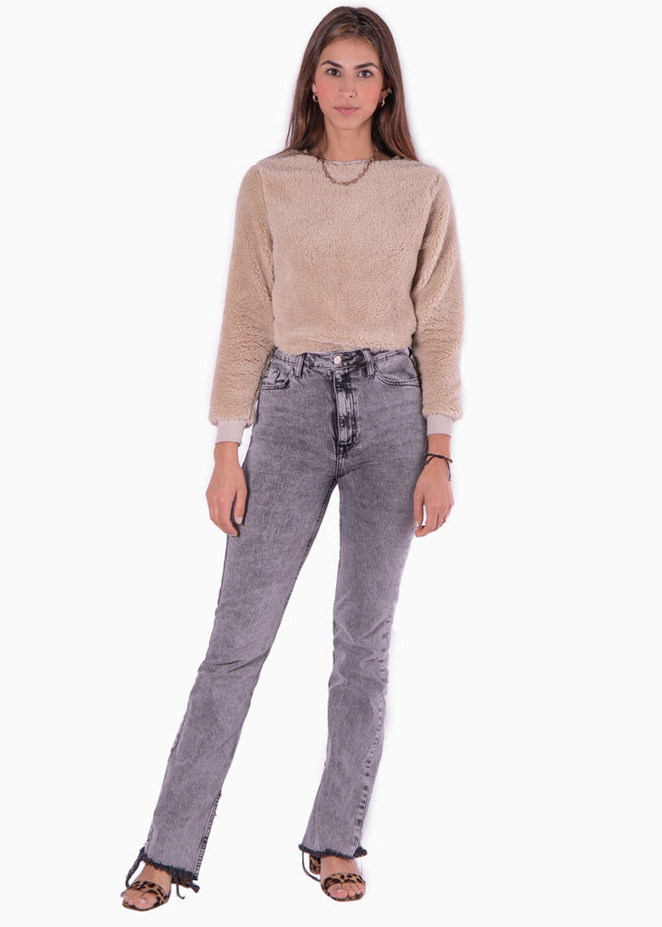 Buzo con pelo sintético manga larga color beige para mujer - Flashy