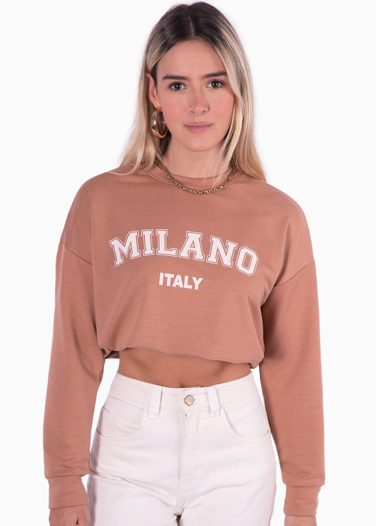 Buzo corto con estampado "Milano" color café, camel para mujer - Flashy