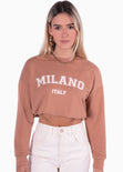 Buzo corto con estampado "Milano" color café, camel para mujer - Flashy