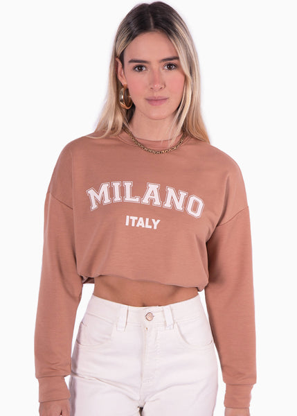 Buzo corto con estampado "Milano" color café, camel para mujer - Flashy