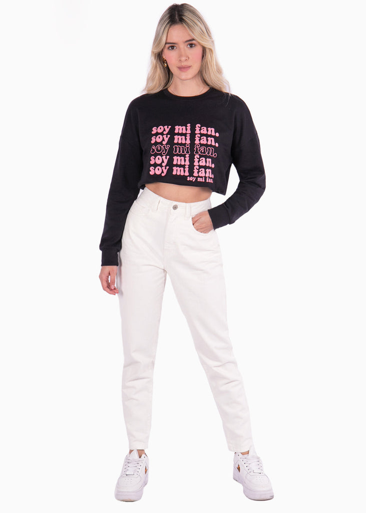 Buzo corto con estampado "soy mi fan" color negro para mujer - Flashy