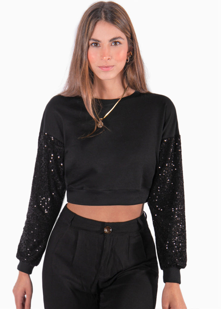 Buzo corto con mangas de lentejuelas color negro para mujer - Flashy