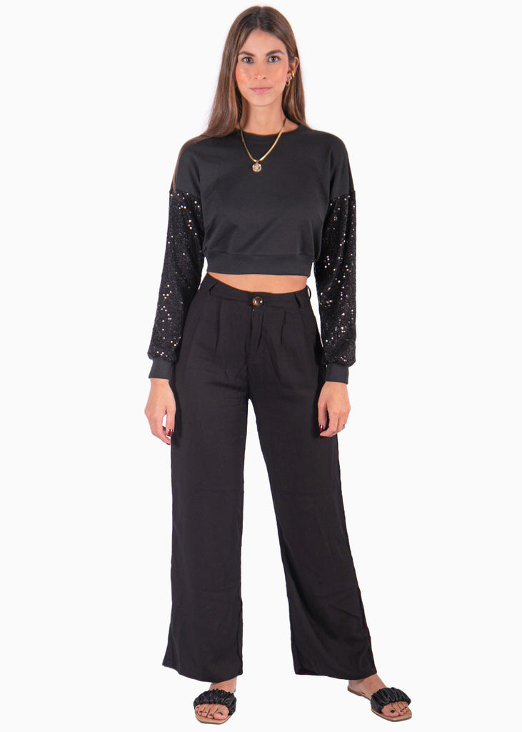Buzo corto con mangas de lentejuelas color negro para mujer - Flashy