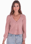 Buzo manga larga con botones de perlas y mangas englobadas color rosado para mujer - Flashy