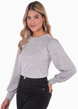 Buzo manga larga con mangas embombadas y perlas en cuello color gris para mujer - Flashy