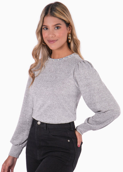Buzo manga larga con mangas embombadas y perlas en cuello color gris para mujer - Flashy