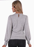 Buzo manga larga con mangas embombadas y perlas en cuello color gris para mujer - Flashy