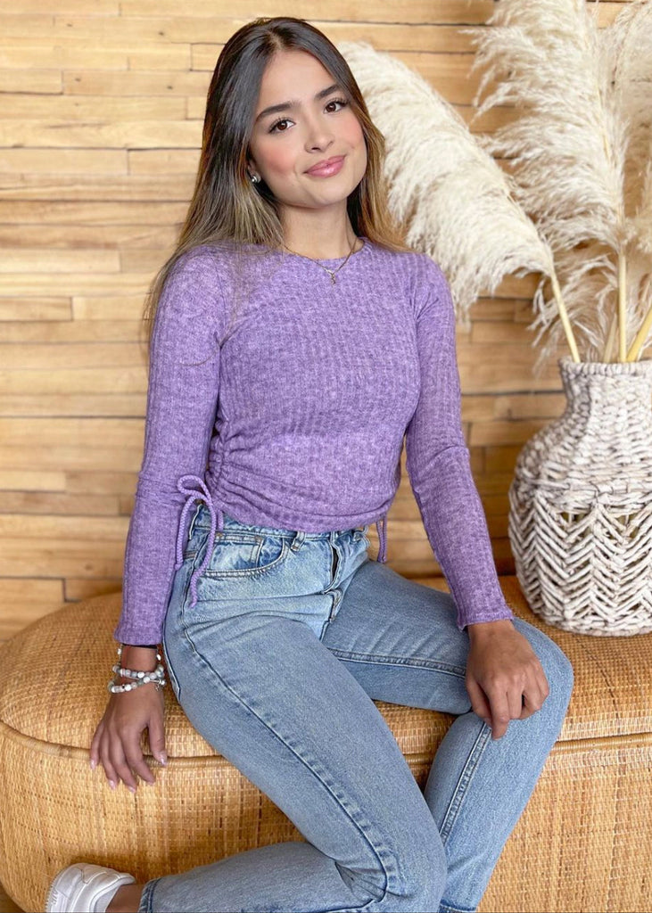 Buzo manga larga con recogido en laterales color lila, morado para mujer - Flashy