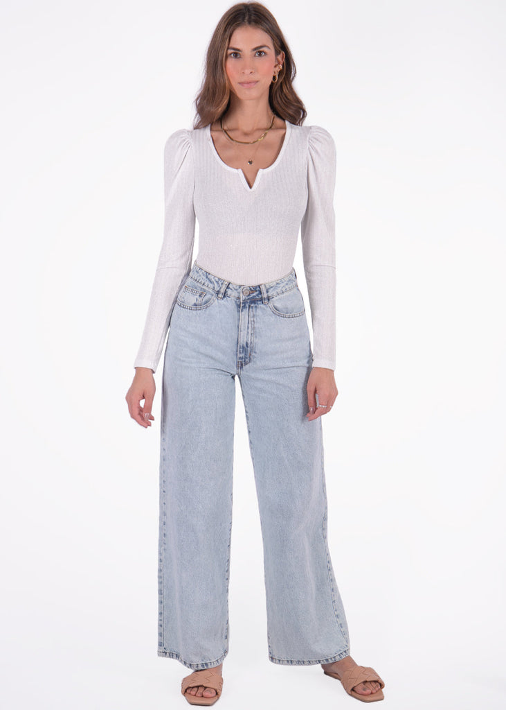 Buzo manga larga, escote en v y recogido en hombros color blanco, marfil para mujer - Flashy