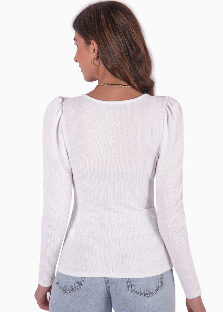 Buzo manga larga, escote en v y recogido en hombros color blanco, marfil para mujer - Flashy