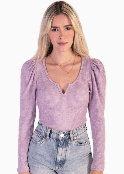 Buzo manga larga, escote en v y recogido en hombros color lila, morado para mujer - Flashy