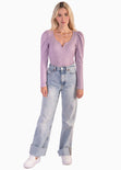 Buzo manga larga, escote en v y recogido en hombros color lila, morado para mujer - Flashy