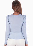 Buzo manga larga, escote en v y recogido en hombros color azul para mujer - Flashy