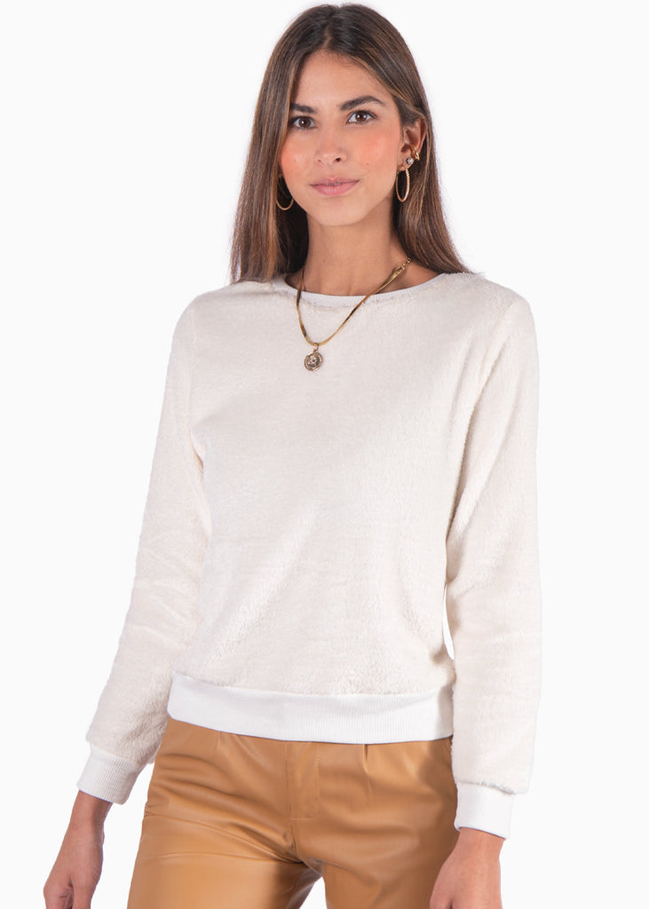 Buzo con pelo sintético manga larga color blanco para mujer - Flashy