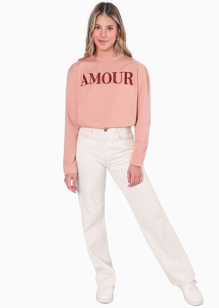 Buzo con bordado "Amour" color rosado para mujer - Flashy
