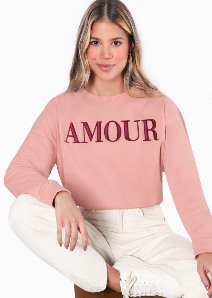 Buzo con bordado "Amour" color rosado para mujer - Flashy