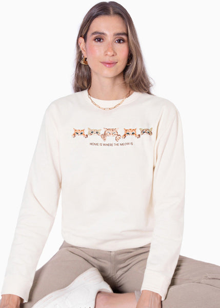 Buzo con estampado de gatos color blanco, marfil para mujer - Flashy