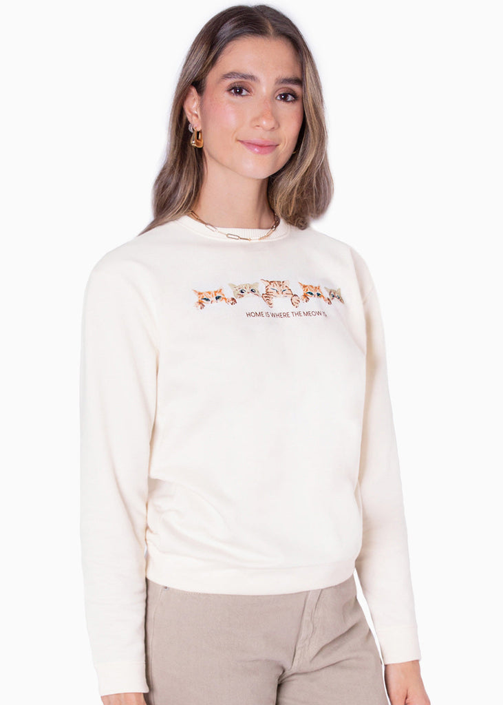 Buzo con estampado de gatos color blanco, marfil para mujer - Flashy