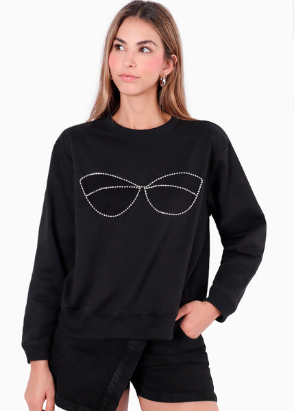 Buzo con bordado de brillo en frente color negro para mujer - Flashy