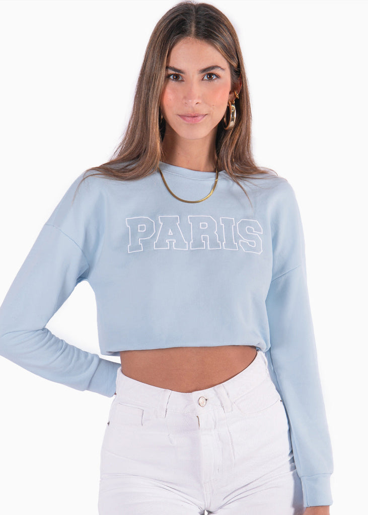 Buzo corto con bordado "Paris" color azul para mujer - Flashy