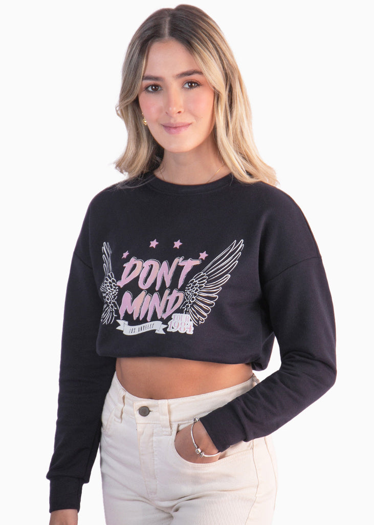 Buzo corto con estampado "Don't mind" color azul para mujer - Flashy