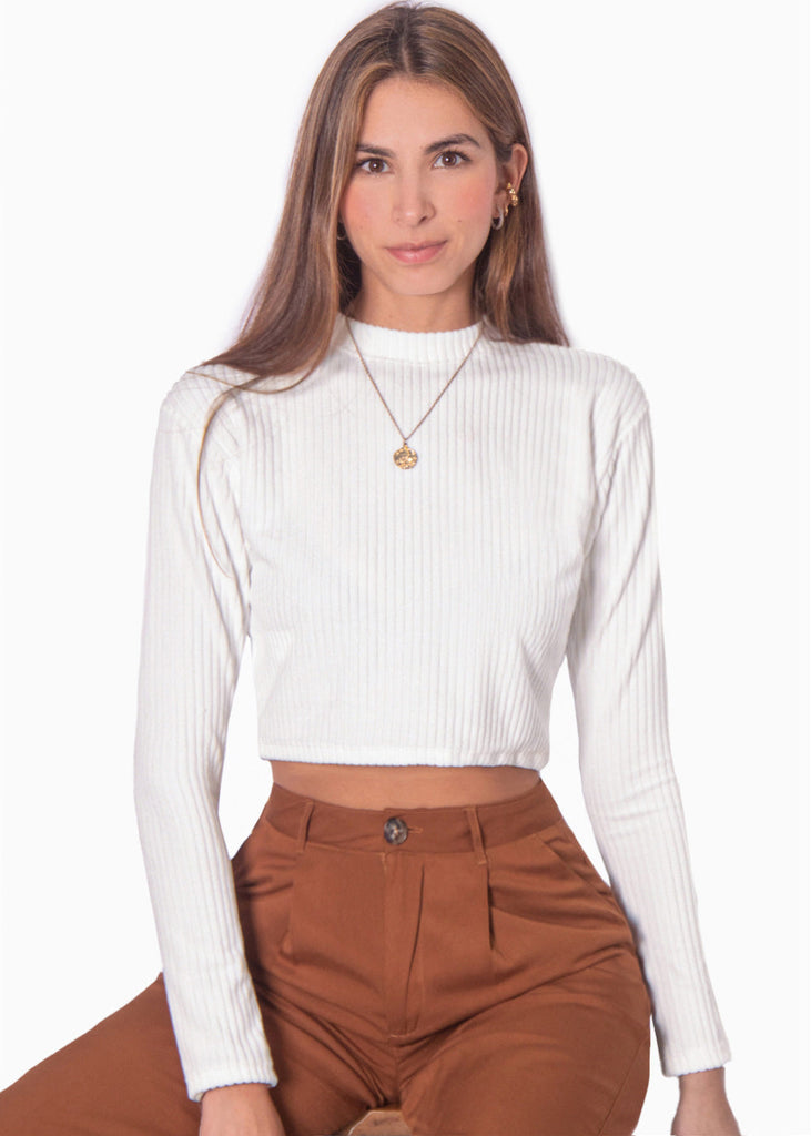 Buzo corto manga larga con cuello alto color blanco, marfil para mujer - Flashy
