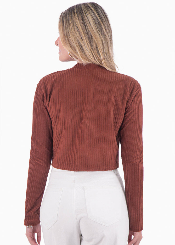Buzo corto manga larga con cuello alto color café para mujer - Flashy