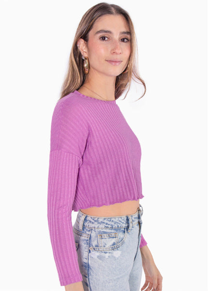 Buzo corto tejido con cuello redondo color morado, magenta para mujer - Flashy