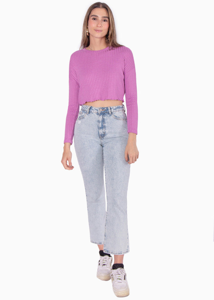Buzo corto tejido con cuello redondo color morado, magenta para mujer - Flashy