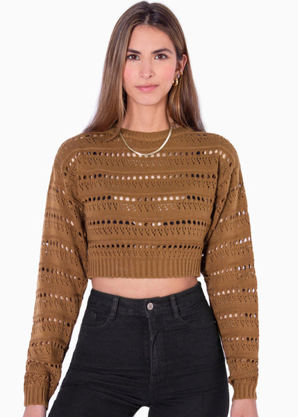 Buzo crop tejido desagujado color café para mujer - Flashy