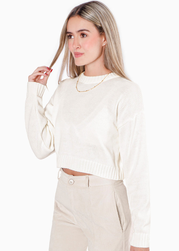 Buzo crop tejido color blanco, marfil para mujer - Flashy