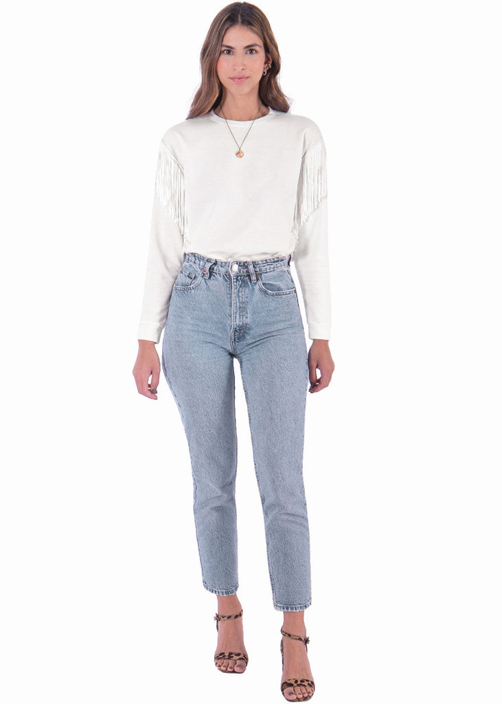 Buzo cuello redondo con flecos en mangas color marfil, blanco para mujer - Flashy