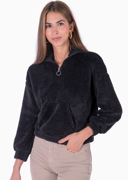 Buzo de pelo sintético con bolsillo en frente color negro para mujer - Flashy