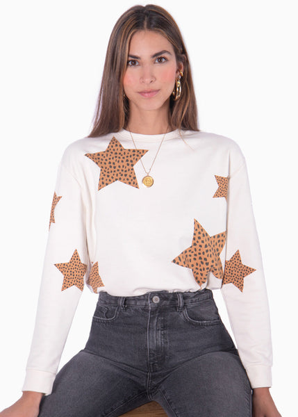 Buzo gráfico con estrellas en estampado de animal print color camel, blanco, marfil para mujer - Flashy