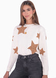 Buzo gráfico con estrellas en estampado de animal print color camel, blanco, marfil para mujer - Flashy