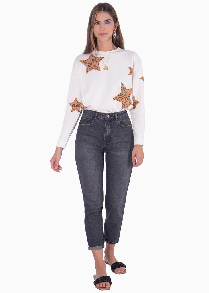 Buzo gráfico con estrellas en estampado de animal print color camel, blanco, marfil para mujer - Flashy