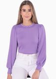Buzo manga larga con mangas embombadas y perlas en cuello color lila para mujer - Flashy