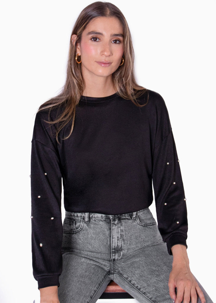 Buzo manga larga con perlas en mangas color negro para mujer - Flashy