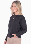 Buzo manga larga con perlas plateadas color negro para mujer - Flashy