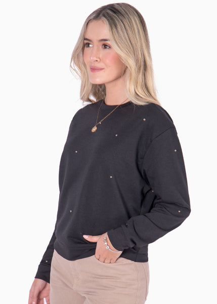 Buzo manga larga con perlas plateadas color negro para mujer - Flashy