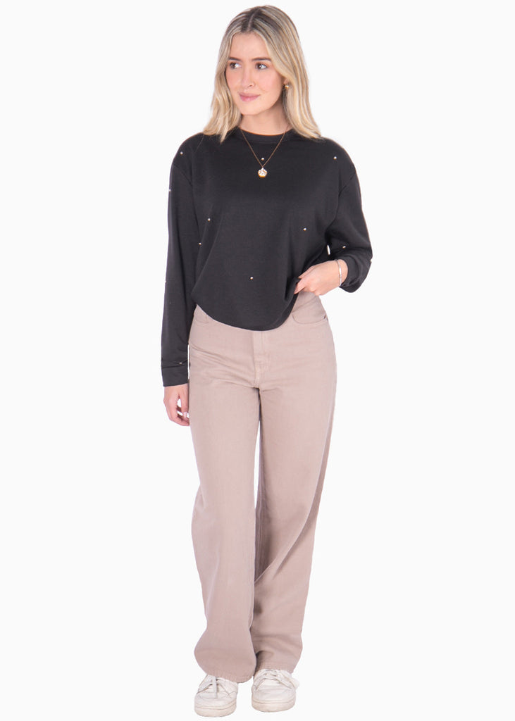 Buzo manga larga con perlas plateadas color negro para mujer - Flashy