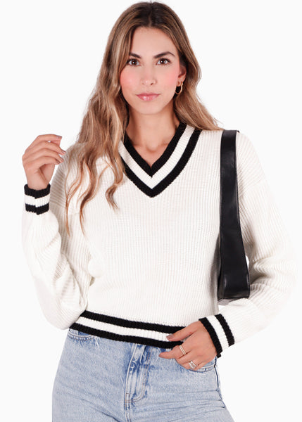 Buzo tejido con escote en v y con puños y escote en contraste color blanco, marfil para mujer - Flashy