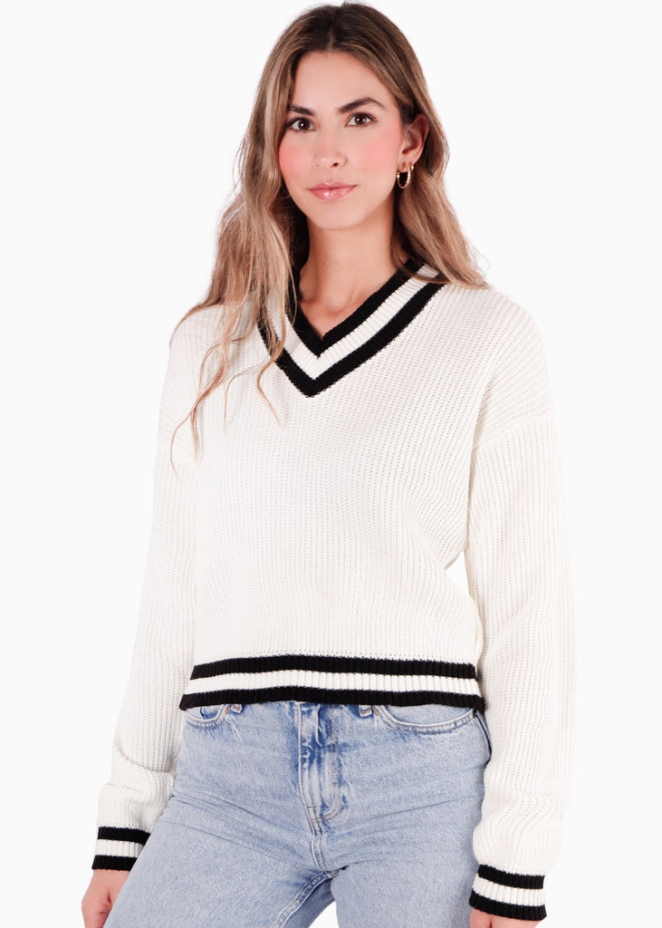 Buzo tejido con escote en v y con puños y escote en contraste color blanco, marfil para mujer - Flashy