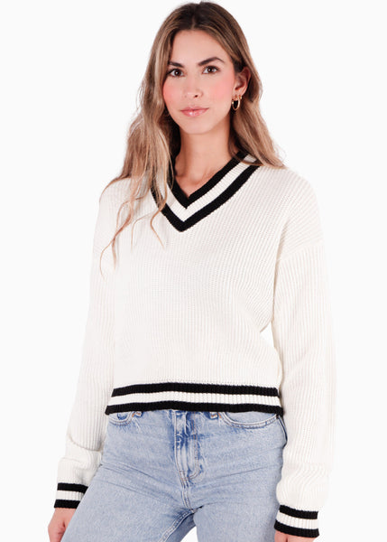 Buzo tejido con escote en v y con puños y escote en contraste color blanco, marfil para mujer - Flashy