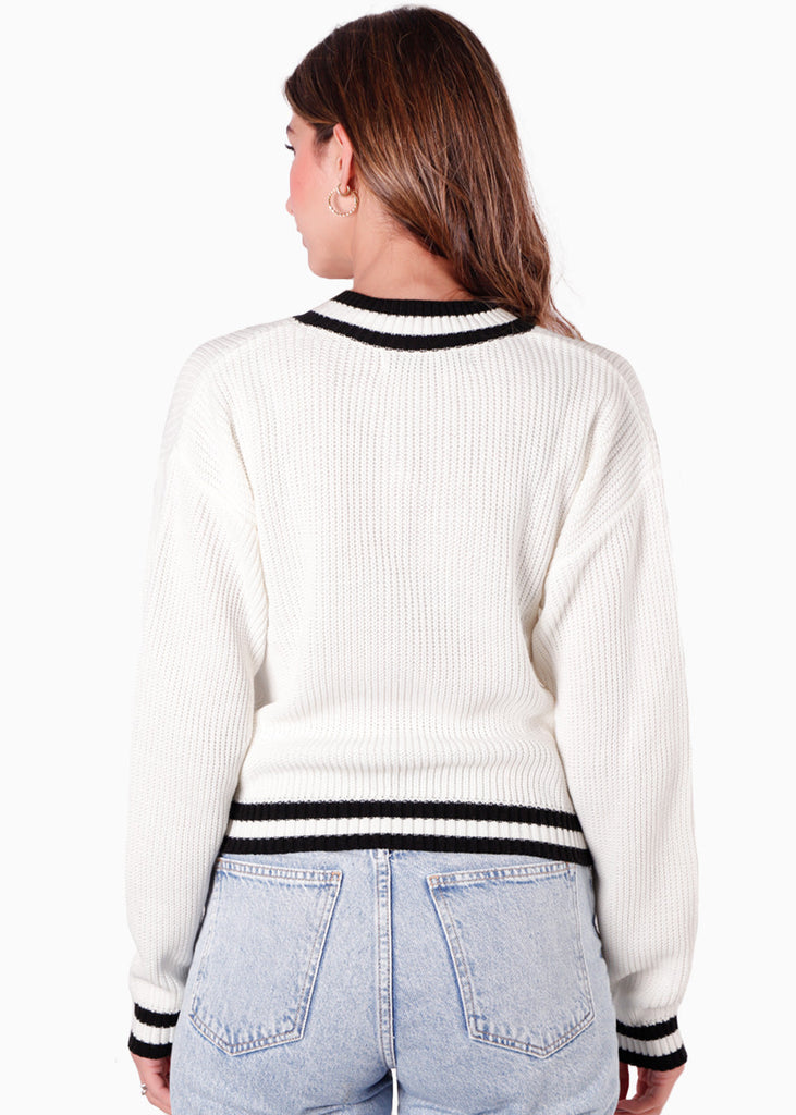 Buzo tejido con escote en v y con puños y escote en contraste color blanco, marfil para mujer - Flashy