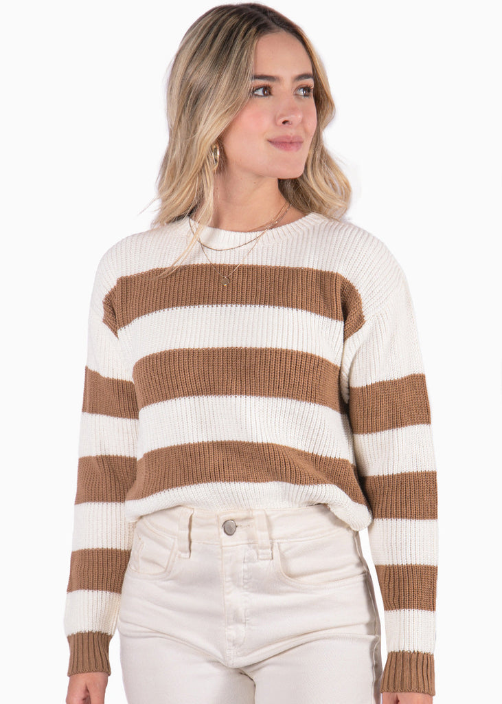 Buzo tejido de rayas manga larga  color beige, marfil, blanco para mujer - Flashy