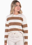 Buzo tejido de rayas manga larga  color beige, marfil, blanco para mujer - Flashy